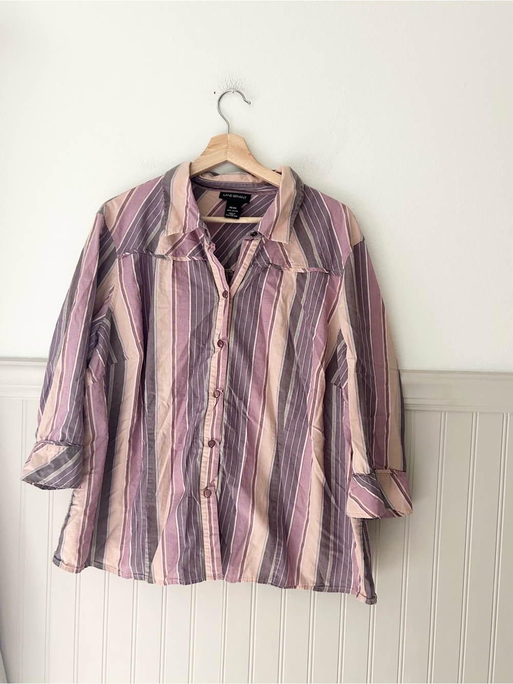 Lane Bryant 22/24 Purple & Cream Striped Button Down Shirt 3/4 Sleeve Cotton